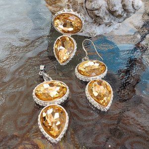 Silvertone Citrine Earrings and Pendant